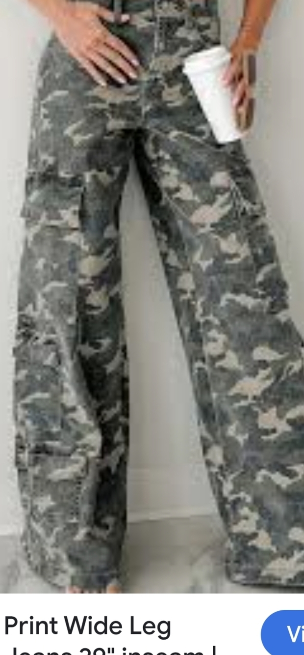 Camo Print Wide Leg Jeans - Green Camo
